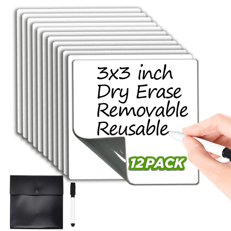 JJPRO Dry Erase Sticky Notes. Reusable Whiteboard Stickers 3"x3" 12 Pack. Suitable for All Smooth Surface. Great for Labels, Lists, Reminders and Decals. Washable, Removable and Eco-Friendly - Image 1